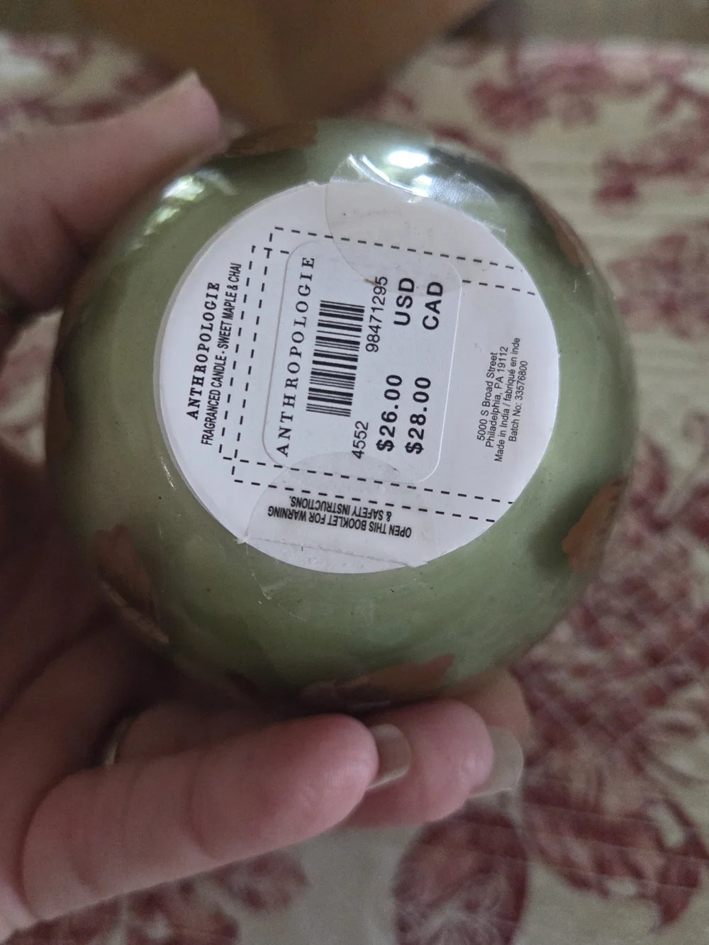 Anthropologie Gourmand Sweet Maple & Chai Handpainted Acorn Glass Candle